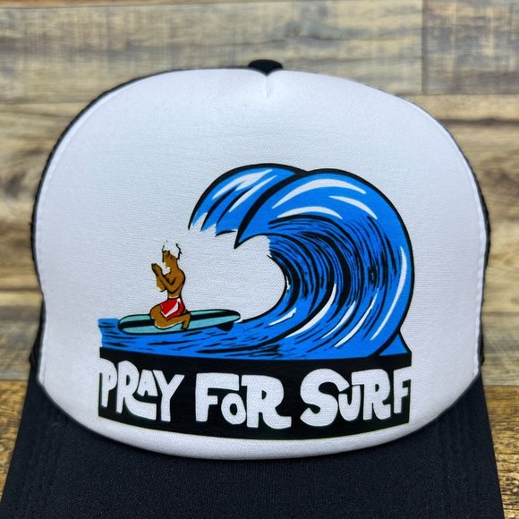 Pray For Surf Mens Trucker Hat Black Snapback 1950s Throwback Logo Baseball Cap - Picture 3 of 8